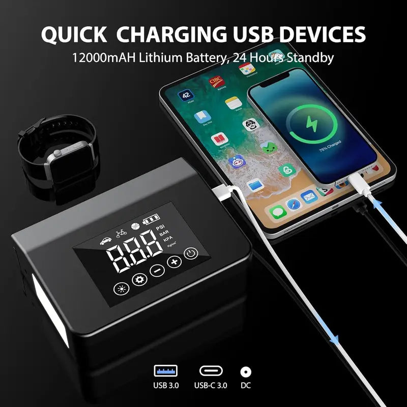 Portable Car Jump Starter with Tire Inflator & LED Light